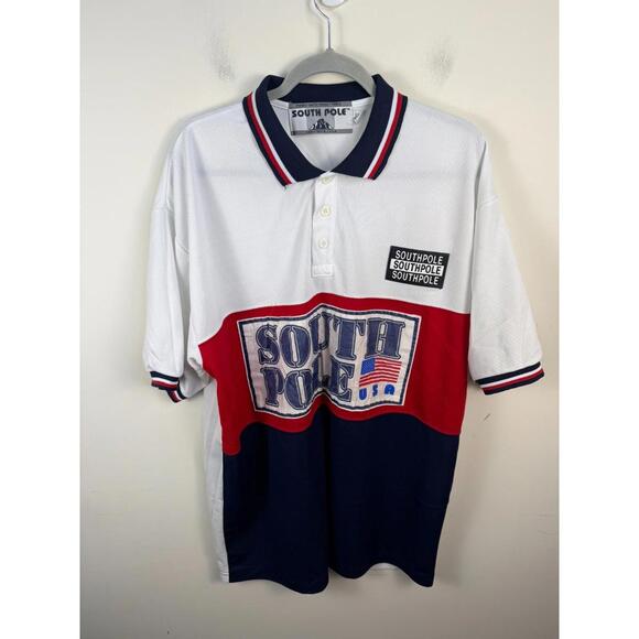 VTG 90s Y2K Southpole USA Mesh Jersey Polo Shirt L Embroidered Logo & Spellout L - Picture 1 of 8